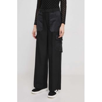 Dkny pantaloni femei, culoarea negru, lat, high waist