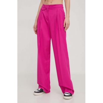 HUGO pantaloni femei, culoarea roz, lat, high waist