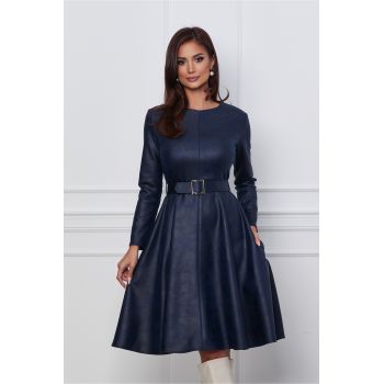 Rochie Dy Fashion bleumarin din piele intoarsa ecologica cu o curea in talie