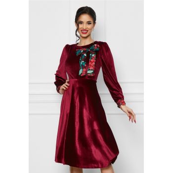 Rochie Dy Fashion bordo din catifea cu funda si mansete din dantela la reducere