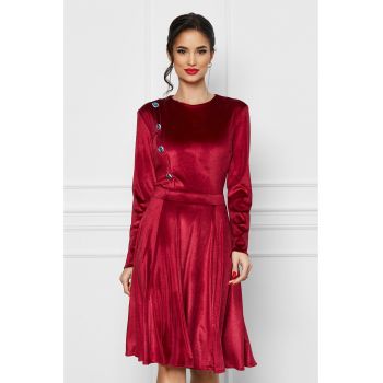 Rochie Dy Fashion bordo din catifea cu nasturi pe o parte