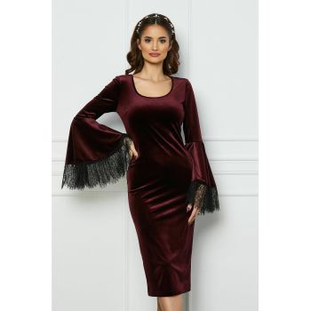 Rochie LaDonna bordo din catifea cu maneci clopot la reducere