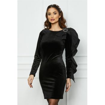 Rochie LaDonna neagra din catifea cu funda si volan pe maneca