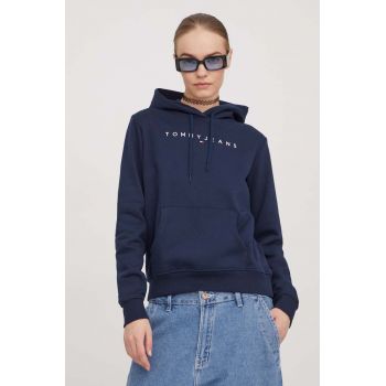 Tommy Jeans bluza femei, culoarea albastru marin, cu glugă, cu imprimeu, DW0DW17324