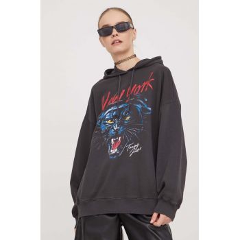 Tommy Jeans hanorac de bumbac femei, culoarea gri, cu glugă, imprimeu DW0DW17335