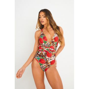 Costum de baie intreg cu imprimeu floral si decolteu in V la reducere