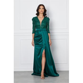 Rochie MBG lunga verde din tafta cu paiete la bust si crepeu maxi