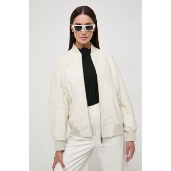 BOSS geaca bomber de piele femei, culoarea bej, de tranzitie