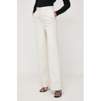 BOSS pantaloni de piele femei, culoarea bej, drept, high waist 50516959