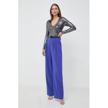 Custommade pantaloni femei, culoarea violet, drept, high waist