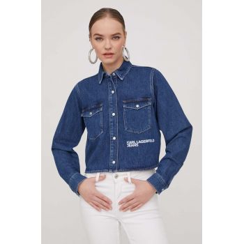 Karl Lagerfeld Jeans camasa jeans femei, culoarea albastru marin, cu guler clasic, regular