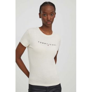 Tommy Jeans tricou din bumbac femei, culoarea bej