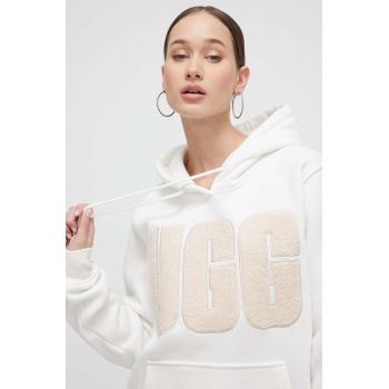 UGG bluza femei, culoarea alb, cu glugă, cu imprimeu de firma original