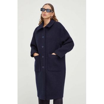 American Vintage palton de lana culoarea albastru marin, de tranzitie, oversize
