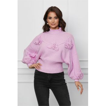 Bluza Sara roz cu fir lurex si trandafir