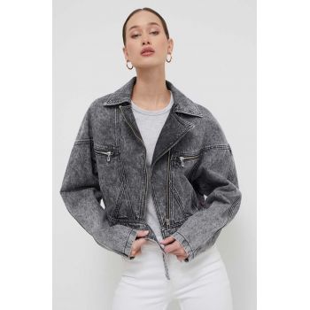 HUGO geaca jeans femei, culoarea gri, de tranzitie, oversize