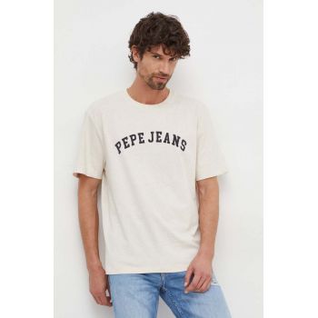 Pepe Jeans tricou din bumbac barbati, culoarea bej, cu imprimeu