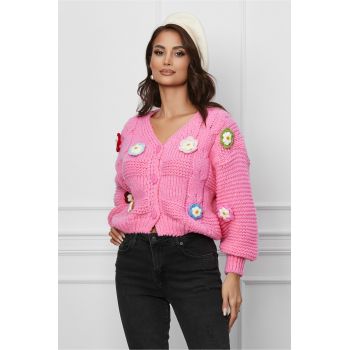 Pulover Alexa roz cu flori 3D