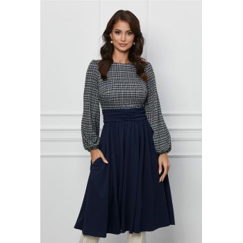 Rochie Dy Fashion bleumarin cu imprimeuri maro la bust