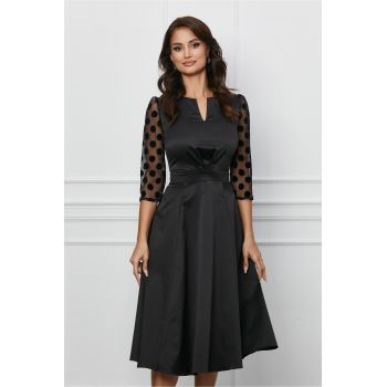 Rochie Dy Fashion neagra din satin cu buline catifelate pe maneci