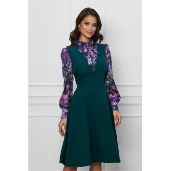 Rochie Dy Fashion verde cu imprimeuri pe maneci si bust