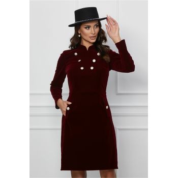 Rochie Moze bordo din catifea cu nasturi pe bust si la buzunare