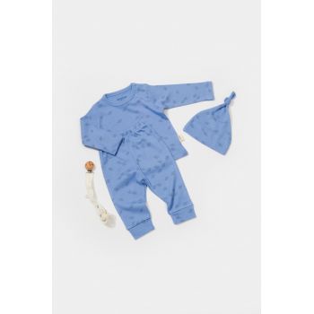 Set 3 piese:bluza, pantaloni si caciulita Printed, BabyCosy, 50% modal+50% bumbac, Lavanda