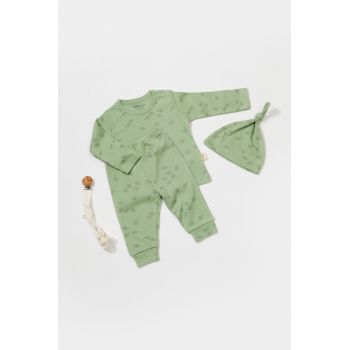Set 3 piese:bluza, pantaloni si caciulita Printed, BabyCosy, 50% modal+50% bumbac, Verde ieftin
