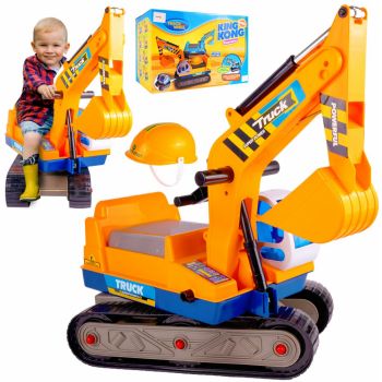 Excavator cu Senile pentru copii Malplay Yellow, cupa mobila, casca, actionat cu picioarele, lungime 63 cm, recomandat copiilor de la 3 ani si cu o greutate maxima de 15 kg