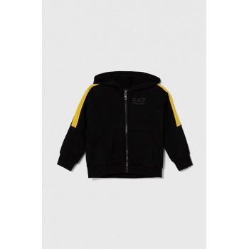 EA7 Emporio Armani hanorac de bumbac pentru copii culoarea negru, cu glugă, cu imprimeu de firma original