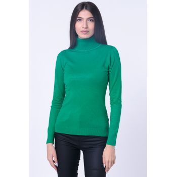 Helanca pulover cu guler inalt si nasturei pe maneca, cu cashmere, verde smarald de firma original