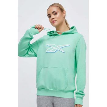 Reebok bluza femei, culoarea turcoaz, cu glugă, cu imprimeu