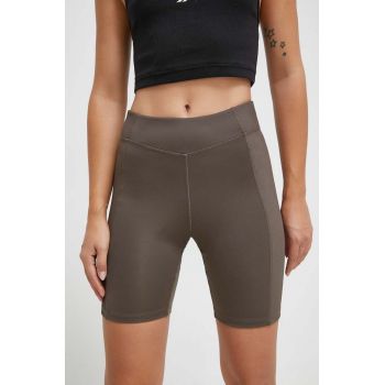 Reebok pantaloni scurți de yoga culoarea verde, neted, high waist