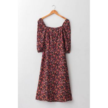 Rochie midi cu model floral si slit lateral