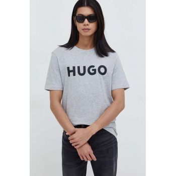 HUGO tricou din bumbac barbati, culoarea gri, cu imprimeu