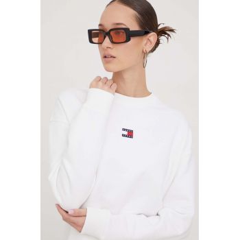 Tommy Jeans hanorac de bumbac femei, culoarea alb, cu imprimeu