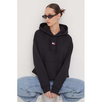 Tommy Jeans hanorac de bumbac femei, culoarea negru, cu glugă, imprimeu DW0DW17326