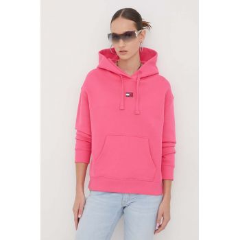 Tommy Jeans hanorac de bumbac femei, culoarea roz, cu glugă, imprimeu DW0DW17326