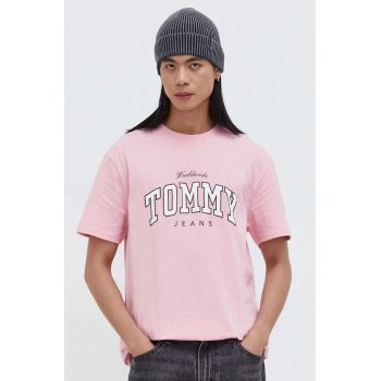 Tommy Jeans tricou din bumbac barbati, culoarea roz, cu imprimeu