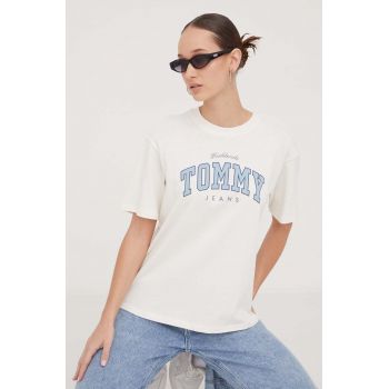 Tommy Jeans tricou din bumbac femei, culoarea bej