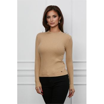 Bluza Madalina bej din tricot reiat