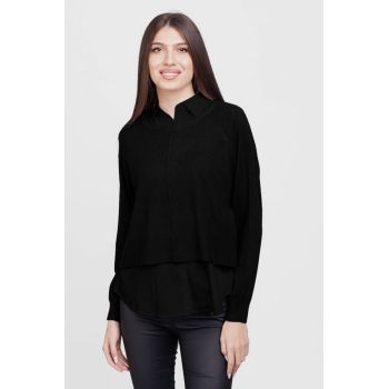 Bluza tip camasa doi in unu, cu angora si tricotajul negru ieftina