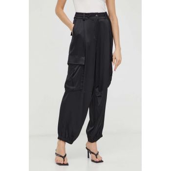 Herskind pantaloni femei, culoarea negru, fason cargo, high waist