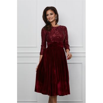 Rochie Dy Fashion bordo din catifea cu bust din paiete