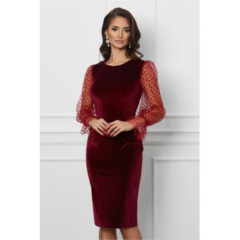 Rochie Dy Fashion bordo din catifea cu maneci din tull cu buline