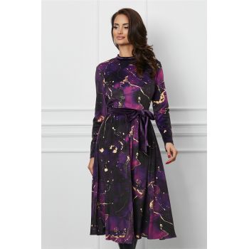 Rochie Dy Fashion din catifea mov cu imprimeu si cordon in talie