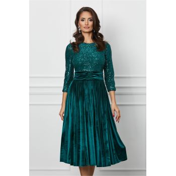 Rochie Dy Fashion verde din catifea cu bust din paiete