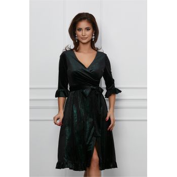 Rochie Ella Collection Adena neagra din catifea cu fir lurex verde si cordon in talie