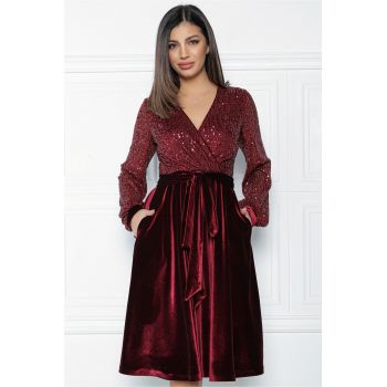 Rochie MBG bordo din catifea cu bust din paiete la reducere