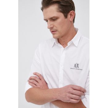 Armani Exchange Cămașă din bumbac bărbați, culoarea alb, cu guler clasic, regular